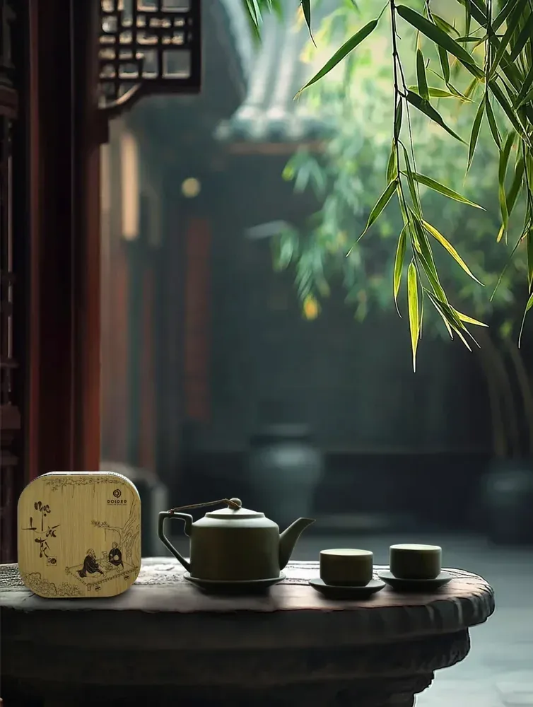A Bat Trang tea set with blue motifs on a tea table
