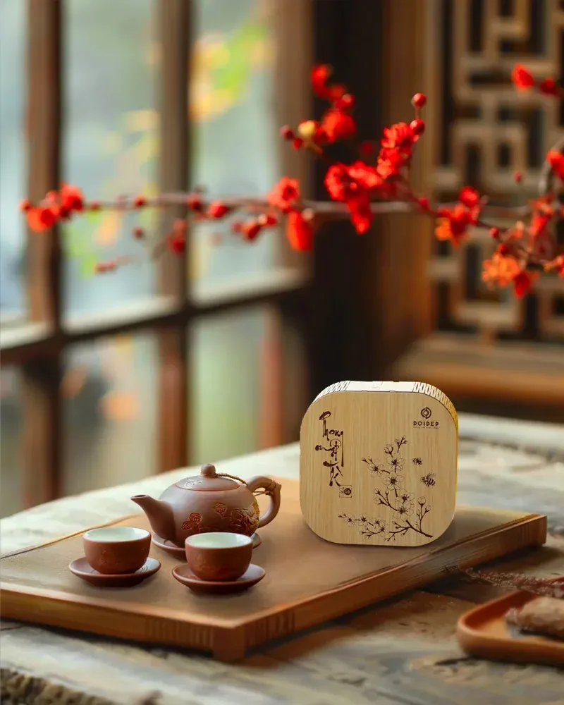 Bộ ấm chén Bát Tràng họa tiết hoa sen đặt trên khay gỗ