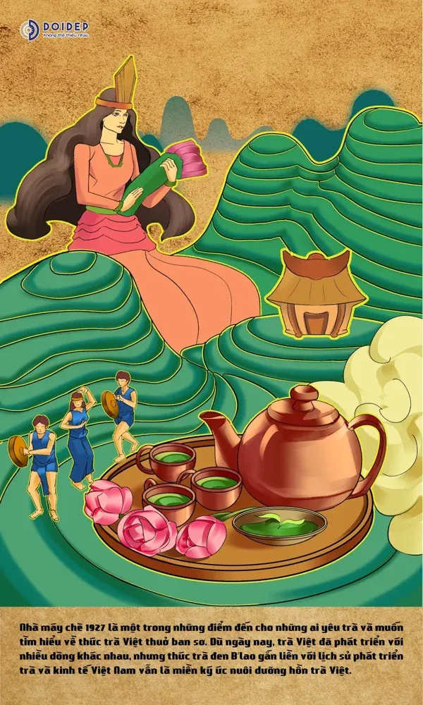 An illustration of Vietnamese tea culture with a teapot, lotus flowers and gong dancers